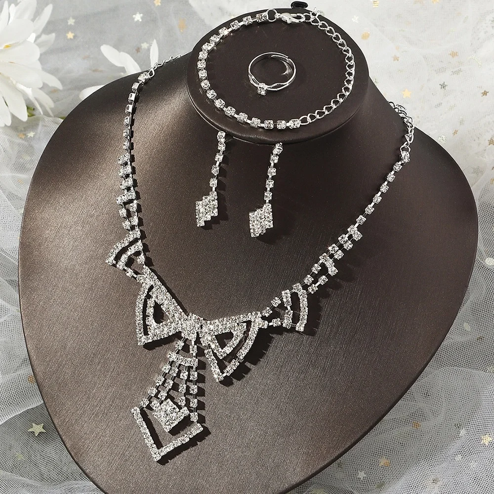 Silver Rhinestone Tie Necklace Bracelet Earrings and Ring Set - Picture 1 of 4